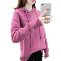 Women's Solid Color Loose Pullover Long Sleeve Hooded Knitted Sweater