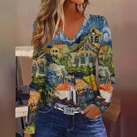New Stylish Casual Geometric V-Neck Long-Sleeve T-Shirt