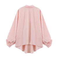 Oumeitong Diligent Style Loose All-matching Striped Lapel Long Sleeve Shirt
