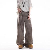 Brown Plaid Casual Wide-Leg Pants Womens