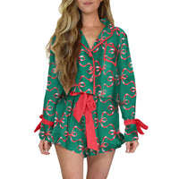 Women's Printed Satin Multi-color Long Sleeve Shorts Loose Loungewear