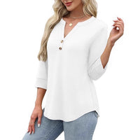 Womens Plus-Size Loose V-Neck Buttoned Three-Quarter Sleeve T-Shirt