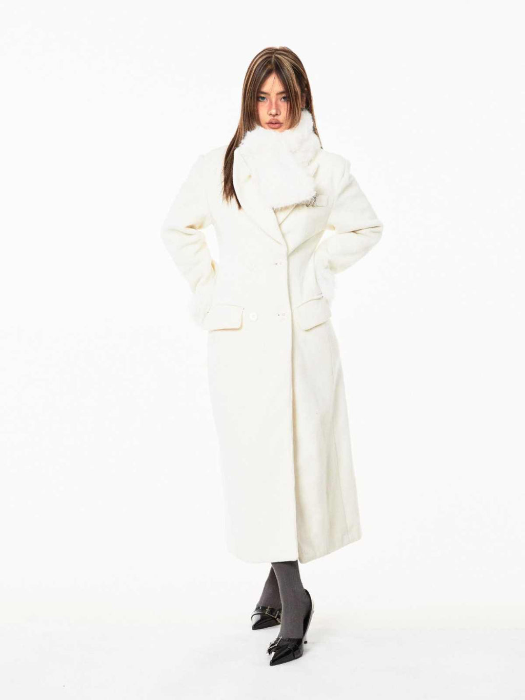 Waist-tight Woolen Fur Collar Quilted Long Overcoat Outerwear