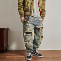 Jeans Men's Loose Straight Tapered Distressed Broken Holes Pants