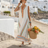 V-neck Three-quarter-length Sleeves Long Caftan Dress With Patch Pockets