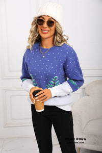 Blue Jacquard Long Sleeve Round Neck Christmas Knitted Pullover Leisure Sweater