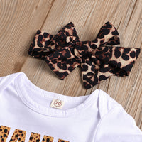 White Letter Printed Romper Leopard Print Trousers Headdress Three-piece Set