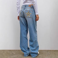 Retro Street Leopard Print XINGX Patchwork Stitching Straight Jeans