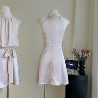 Fashion-forward Look Of A Smooth Satin Patchwork Workwear Halter Dress