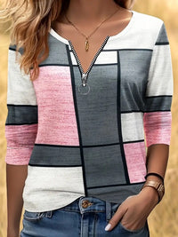 Womens Autumn Winter Printed Plaid Half-Zip Hoodie