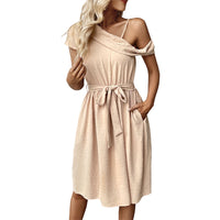 New Elegant Slightly Mature-style Solid-color Jacquard Asymmetrical Off-shoulder Dress