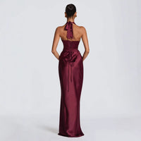 Neck-hanging Deep V-neck Pleated Lace-up Sexy Off-shoulder Slim-fit Long Dress