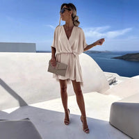 Multicolor Waist-Cinching V-Neck Elegant Womens Dress