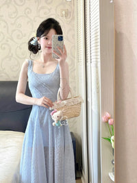 French Style Elegant Blue Lace Slip Dress For Women
