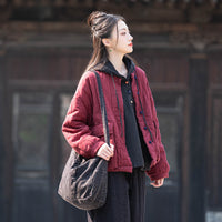 Womens Retro Colorblock Button-Loop Loose Short Cotton Padded Jacket