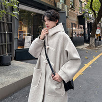 High-grade Woolen Horn Button Hooded Coat Mid-length