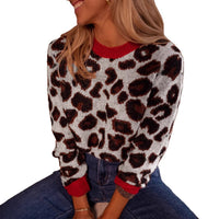 Contrast Color Leopard Jacquard Long-sleeved Knitted Sweater