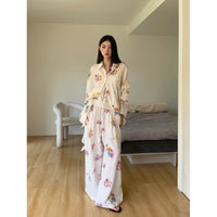 Tencel Ramie Botanical Floral Print Sun-protective Shirt With Fluttering Ribbons And Elastic Waistband Beach Pants