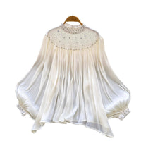 Womens Loose, Casual Rhinestone-embellished Lantern-sleeve Tassel Mesh Top