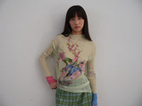 Micro-translucent Pleated Irregular Print High-neck Slim-fit Base T-shirt