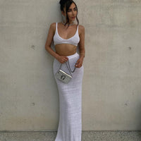 New Style Knitted Fashionable Womens Strappy Tube Top And Solid-Colored Sheath Maxi Dress Two-Piece Set