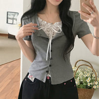 Pure Girl Lace Stitching Tied Square Collar Short Sleeve T-shirt