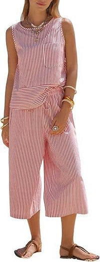 Womens Two-Piece Striped Sleeveless Top And Cropped Wide-Leg Pants Set