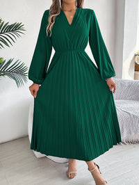 Women's Elegant Triple V Neck Long Sleeve Tie Waist Pleated Maxi Dress