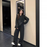 Laid-back Casual Half-Open Collar Sweater And High-Waist Wide-Leg Pants Set