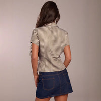 Womens Notched Collar Button-Down Striped Short-Sleeve Top