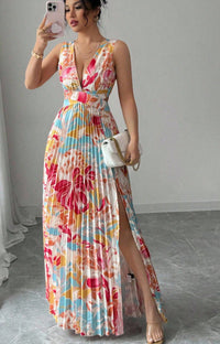 Womens Sexy Deep V-Neck Sleeveless Printed Dress With Slit Hem And Pleats