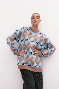 Womens Versatile Color-Block Jacquard Knit Top With Long Sleeves