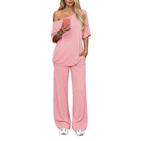 Off-shoulder Loose Casual Short-sleeve Top And Wide-leg Pants Two-piece Set
