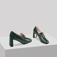Green Patent Leather Chunky Heel Square Toe Slip-on Women's Shoes