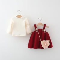 Girls Long Sleeve Bowknot Corduroy Suspender Skirt Outfit