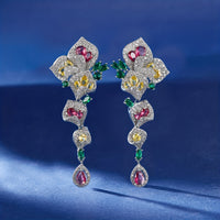 1 Pair Gorgeous Long Dangle Flower Earrings, Cubic Zirconia Earrings For Women, Fashion Party Prom Dress Jewelry, Birthday Holiday Gift