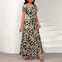 Leopard-Print Rose Floral Fashionable Elegant Waist-Cinching Slimming Dress