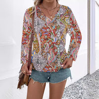 Printed V-neck Long Sleeve Shirt Women's Clothing