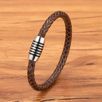 Men's 6mm Stainless Steel Magnetic-Clasp Leather Braided Bracelet