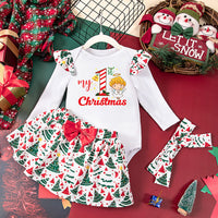 Girls' Baby Christmas Long-sleeve Jumpsuit Full Printed Headband Skirt Three-piece Set