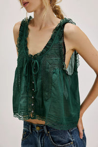 Solid-color Sweet Slim-fit Buttoned Lace-trimmed Patchwork Mini Vest Top