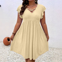 Womens V-neck Hollow-out Short-Sleeve Blouse Dress