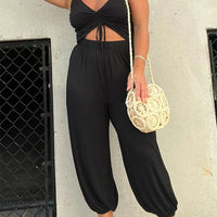 European And American Fashion Solid Color Backless Lace-up Sexy Jumpsuit Women