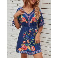 Bohemian Retro Ethnic Print Temperament Waist-controlled Slimming And Short Holiday Dress