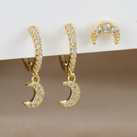 18K Real Gold Electroplated Zircon Moon Studs Three-piece Set