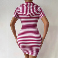 Fashionable Resort-Style Striped Drawstring Hooded Slim-Fit Dress