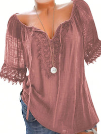 Women's Solid Color Contrast Lace Short Sleeve Casual Shirt
