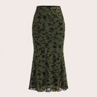 Dark Green Floral Half-length Fishtail Skirt For Women