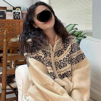 Casual Retro Lapel Double Zipper Knitted Cardigan