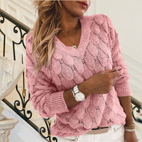 Knitted Sweater With Feather Detailing Hollow Out Design V Neck And Long Sleeves